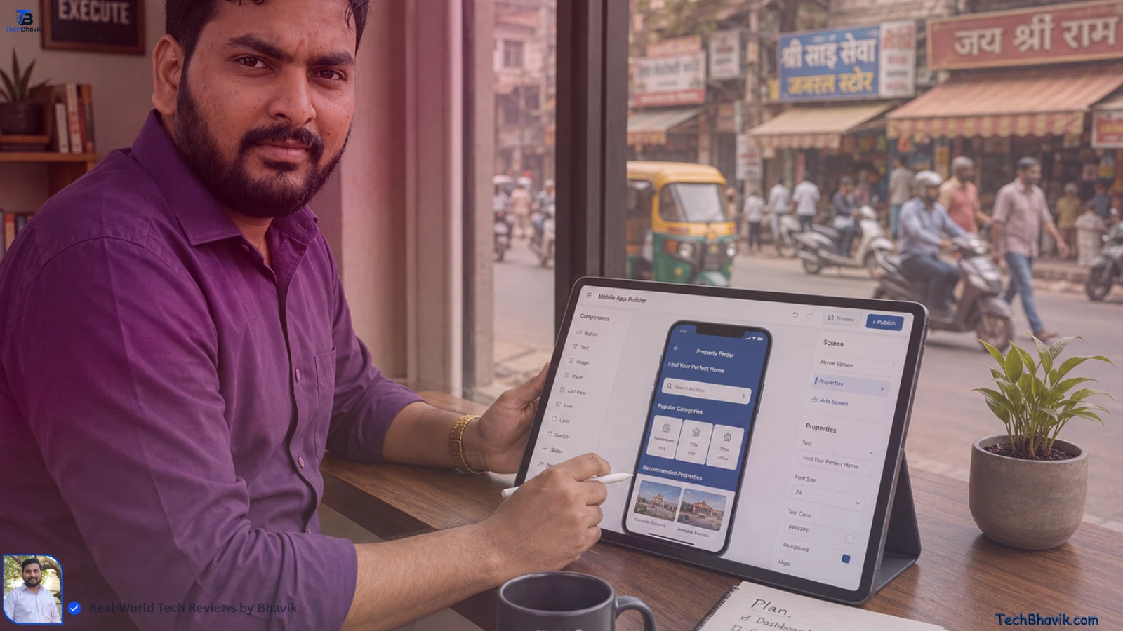 5 Essential Tech Skills 2026 to Future-Proof Your Career A person using a tablet to build a mobile app interface without writing code, with an Indian street scene visible through the window.