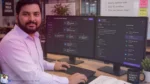 5 Essential Tech Skills 2026 to Future-Proof Your Career Bhavik Indian professional in a modern office setting, designing an automated AI workflow on a dual-monitor setup.