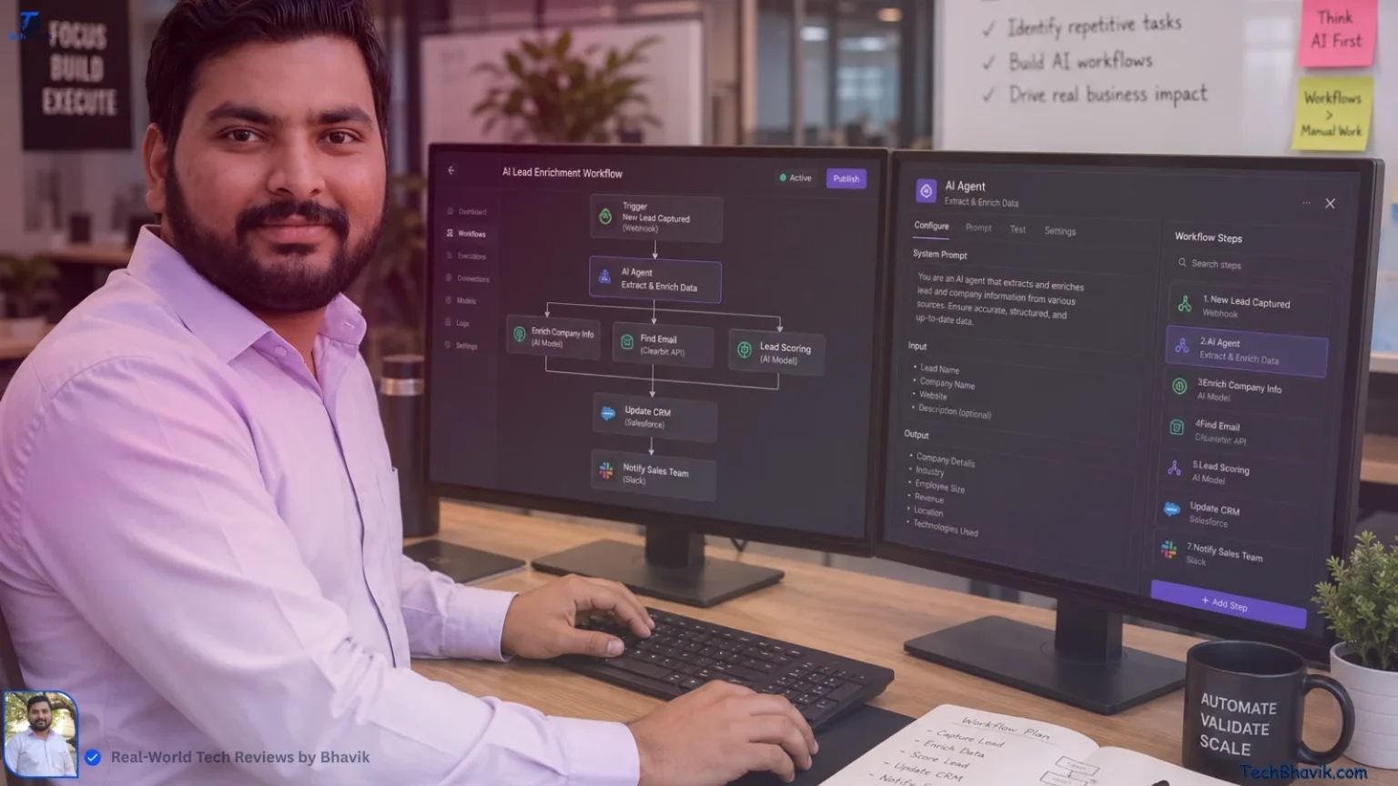 5 Essential Tech Skills 2026 to Future-Proof Your Career Bhavik Indian professional in a modern office setting, designing an automated AI workflow on a dual-monitor setup.