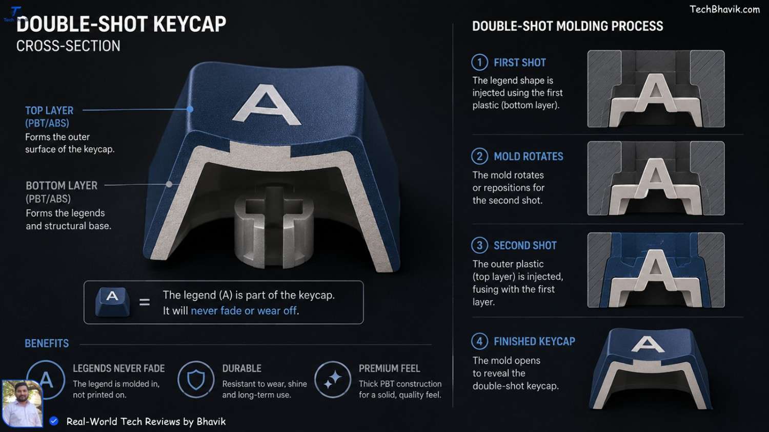Best Wired Keyboard for Fast Typing in India (2026 Guide) A cross-section of a double-shot keycap showing how the letter is molded into the plastic