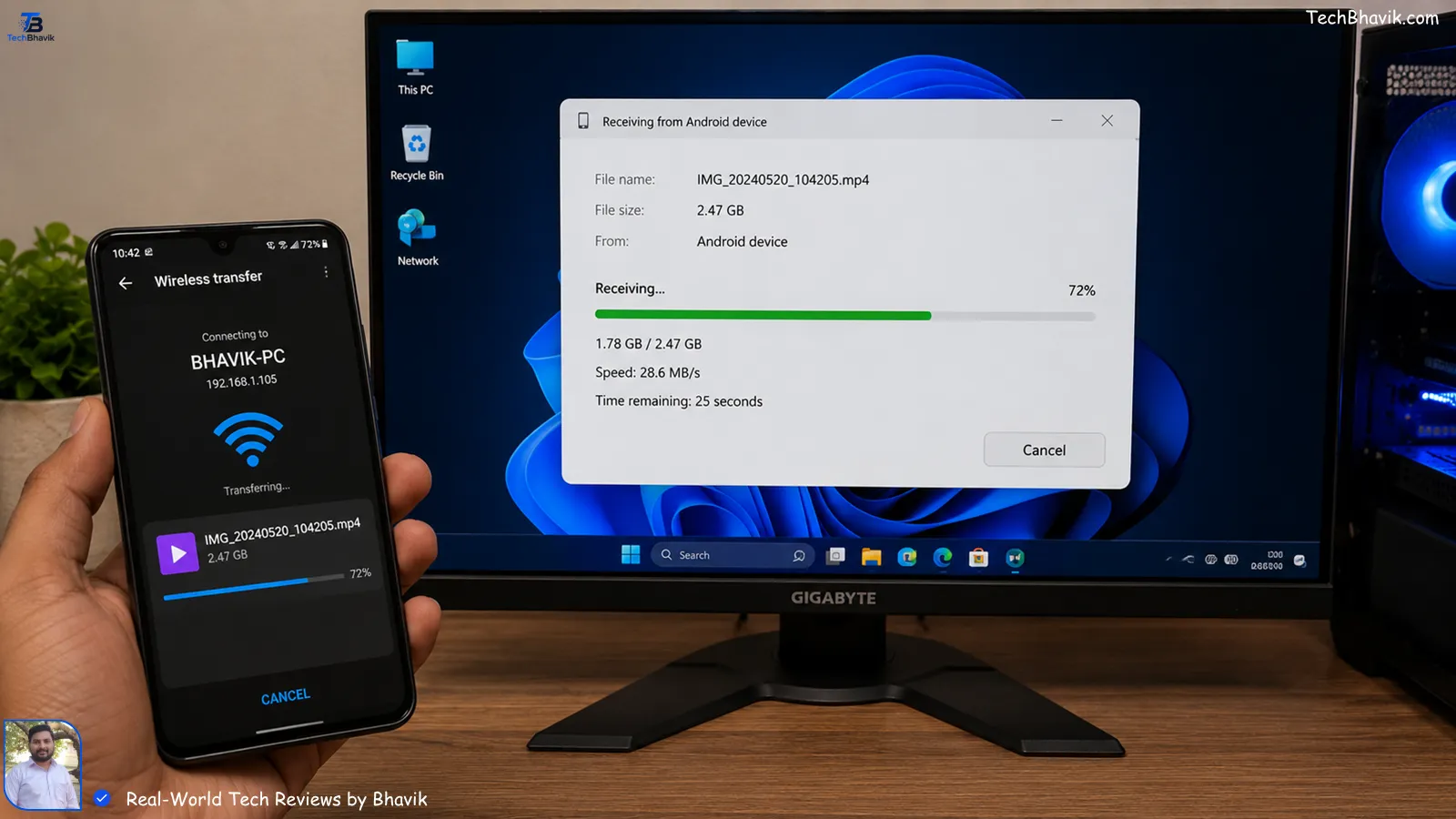 Screen showing a file being transferred wirelessly from an Android phone to a PC