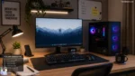 A clean and organized student desk setup featuring the ₹25,000 budget PC