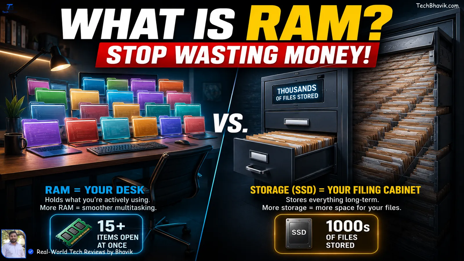 A conceptual digital graphic illustrating the difference between RAM and SSD storage using a physical office desk and a filing cabinet metaphor.