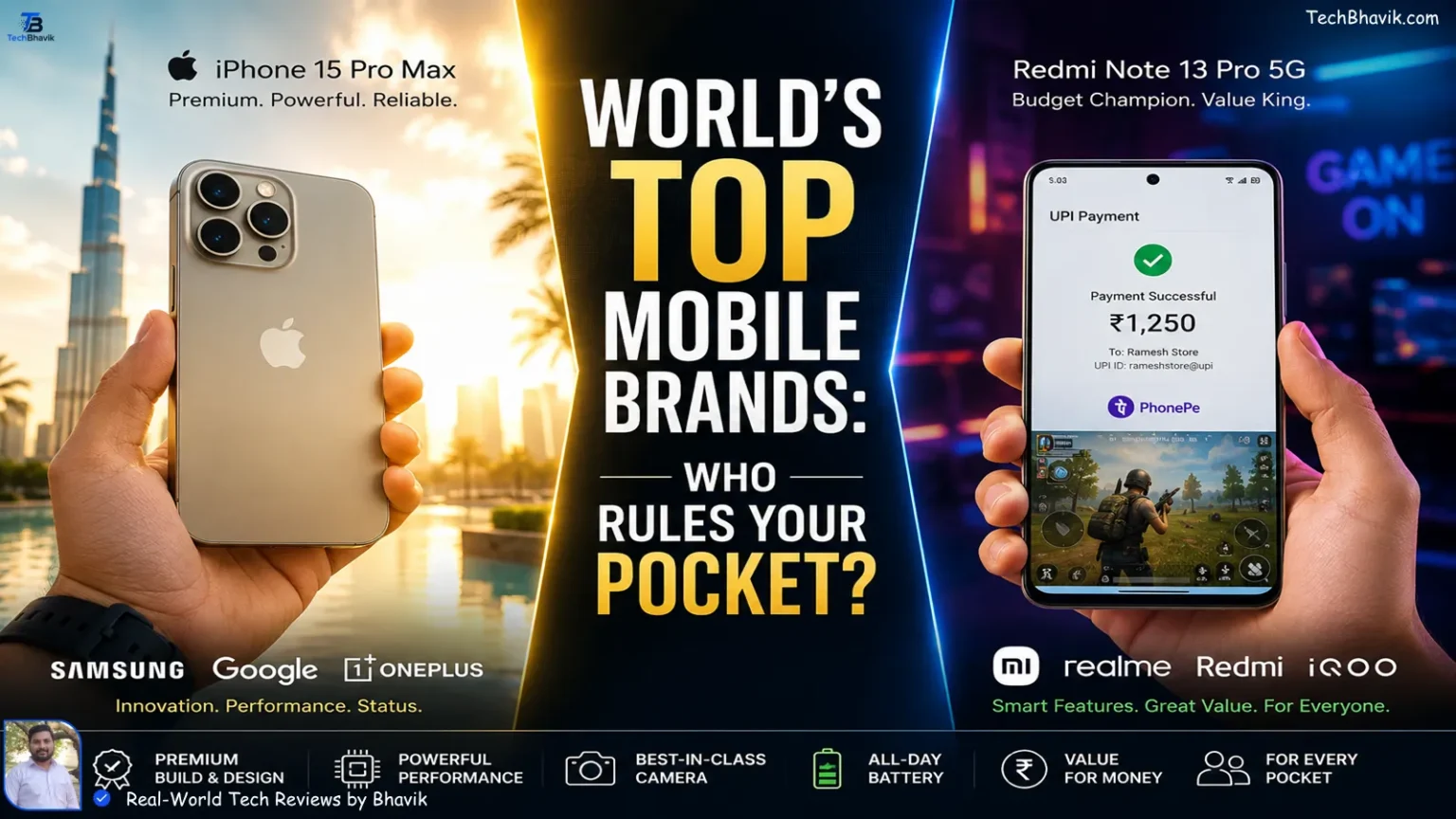 World Top Mobile Companies Ranked: From Value Kings to Luxury Beasts Bhavik's guide to top mobile companies featuring Samsung, Apple, and Xiaomi phones with a bold title overlay.