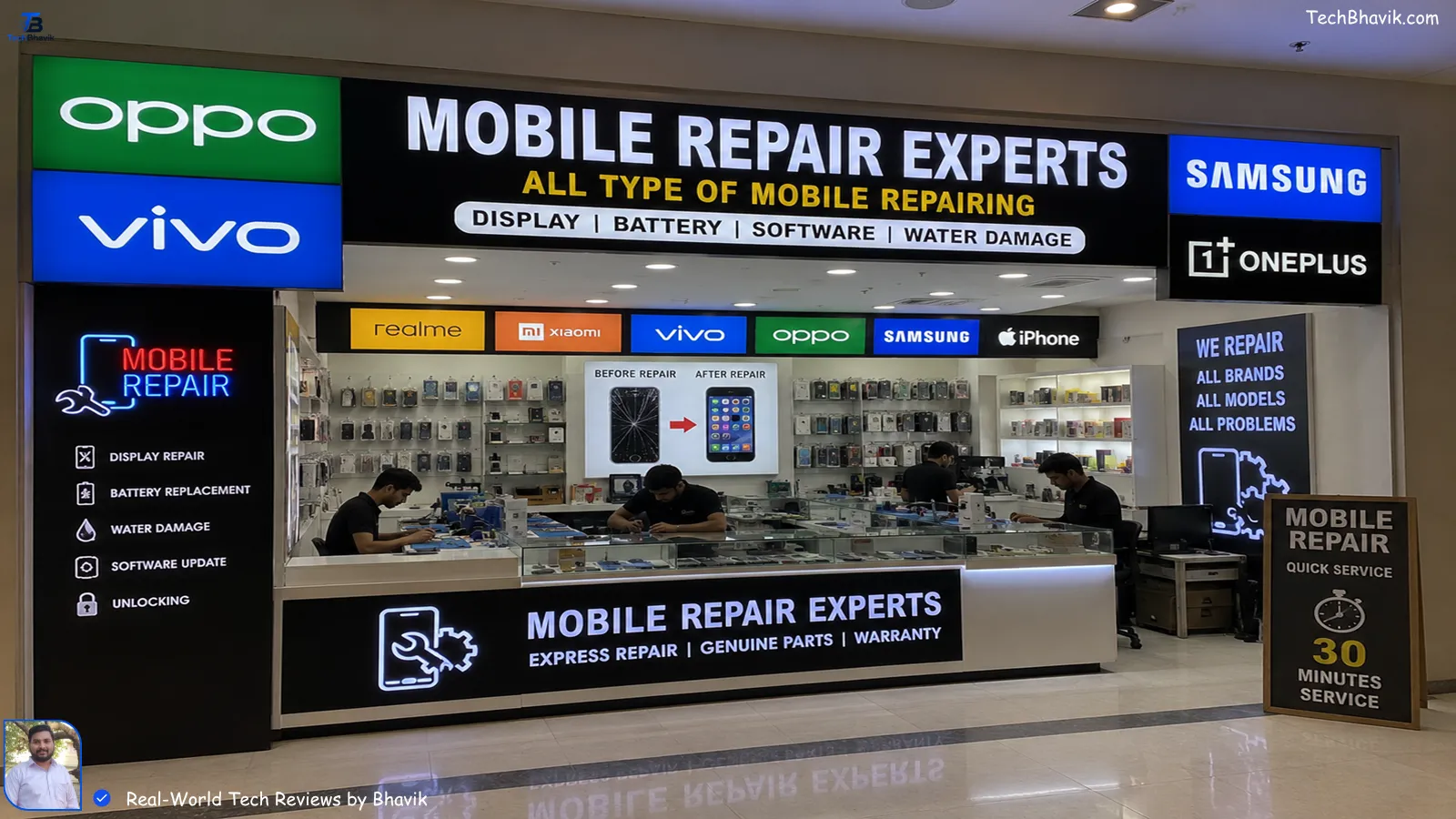 World Top Mobile Companies Ranked: From Value Kings to Luxury Beasts World top mobile companies A local Indian mobile repair shop showing various brand logos like Vivo, Oppo, and Samsung