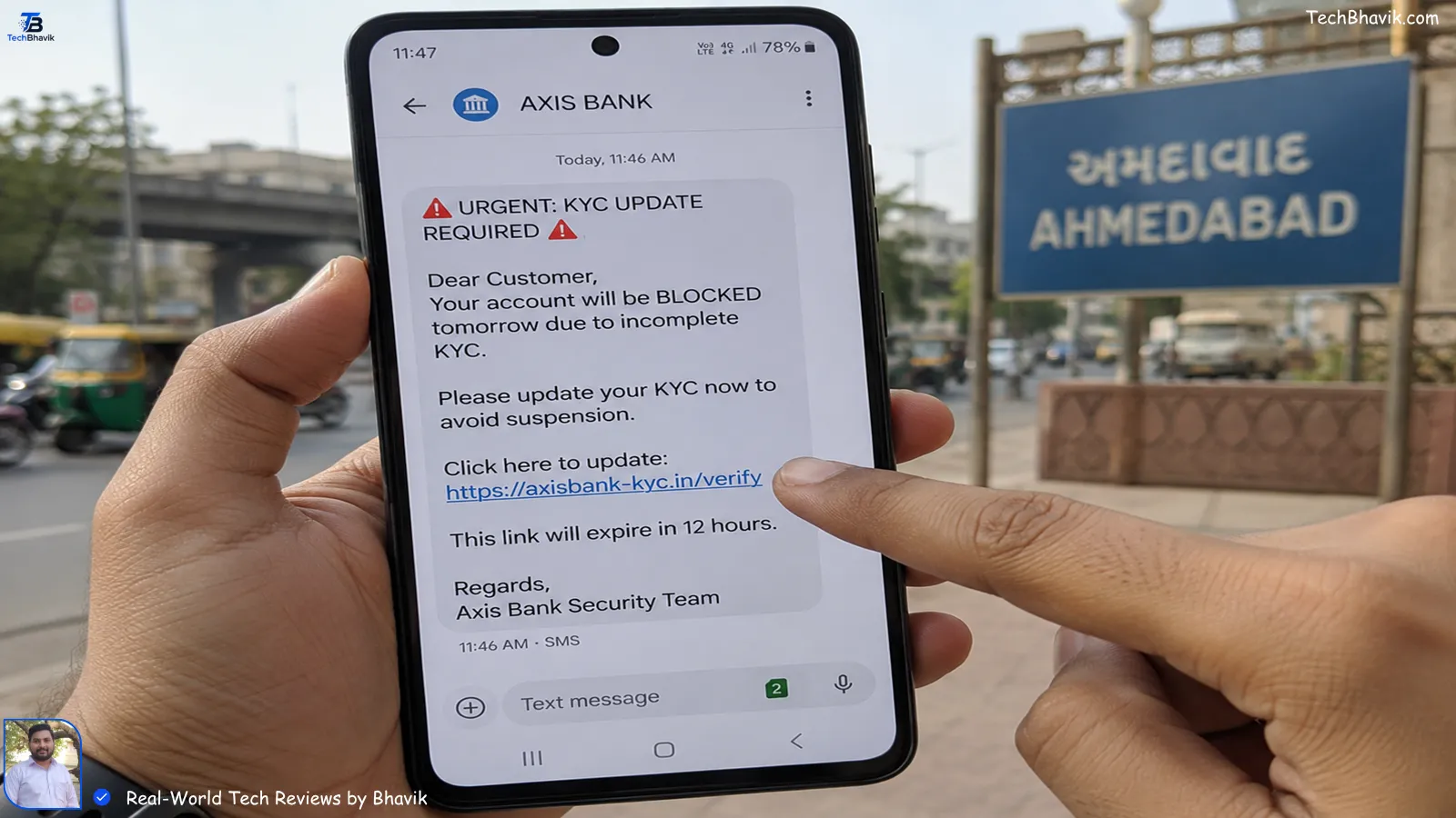 Is Your UPI Data Safe? 7 Advanced Privacy Settings Every Indian A smartphone in Ahmedabad showing a fake bank KYC SMS with urgent warning text, with Bhavik's finger pointing at the suspicious link