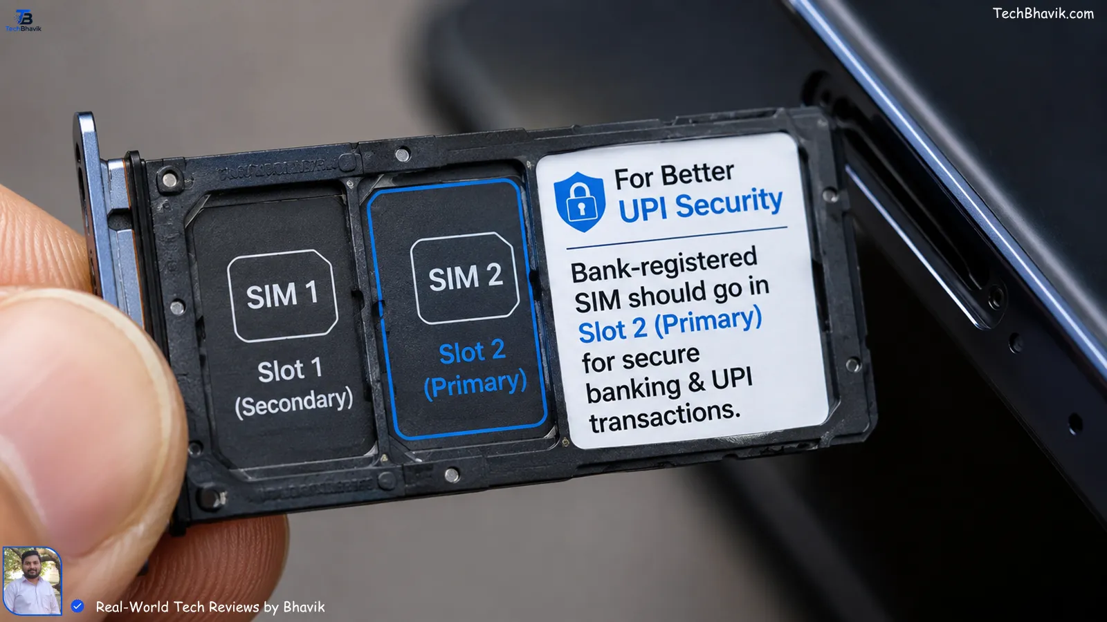 Is Your UPI Data Safe? 7 Advanced Privacy Settings Every Indian Close-up of a dual SIM tray with label showing bank-registered SIM should go in Slot 2 for better UPI security