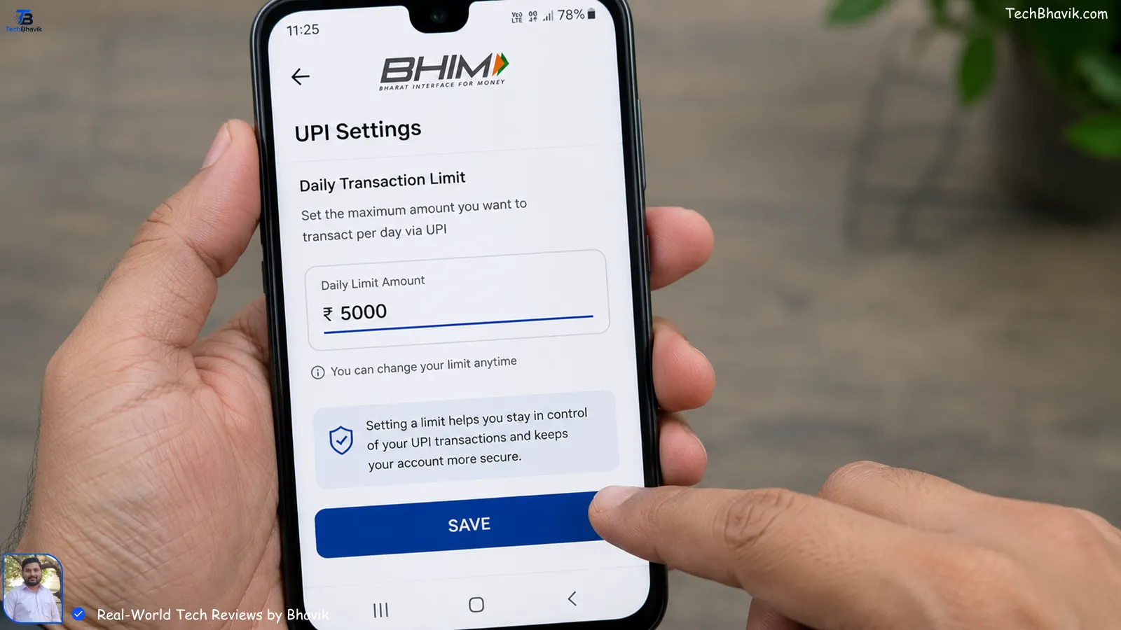 Is Your UPI Data Safe? 7 Advanced Privacy Settings Every Indian Screenshot of BHIM app showing daily UPI transaction limit set to ₹5000 with Bhavik's finger on save button