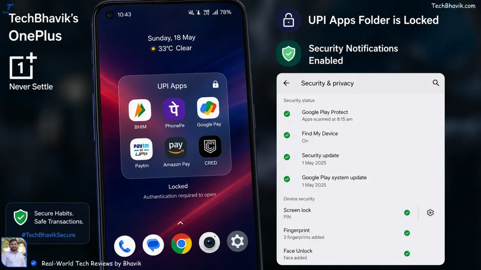 Is Your UPI Data Safe? 7 Advanced Privacy Settings Every Indian TechBhavik's personal OnePlus phone home screen showing locked UPI apps folder and security notifications enabled