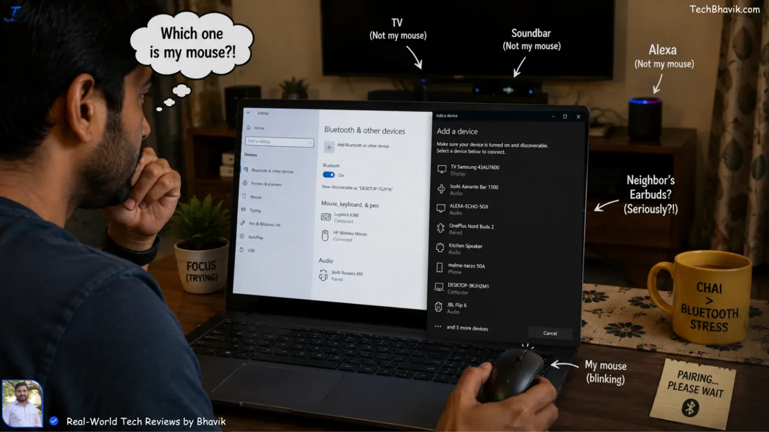 bluetooth vs 2.4ghz for Indian homes → wireless tech explained A person trying to pair a Bluetooth mouse to a laptop with multiple devices showing up in the menu