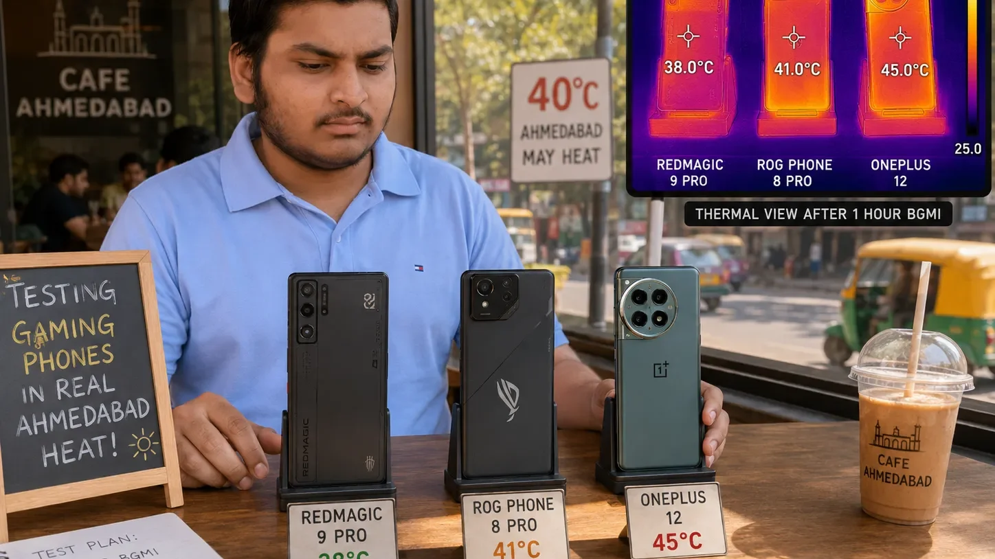 Top 5 Gaming Phones in India 2026: I Tested Them in 44°C Heat Bhavik Munjapara testing 3 gaming phones on a table at a cafe in Ahmedabad during May heat, thermal camera overlay showing temperature readings