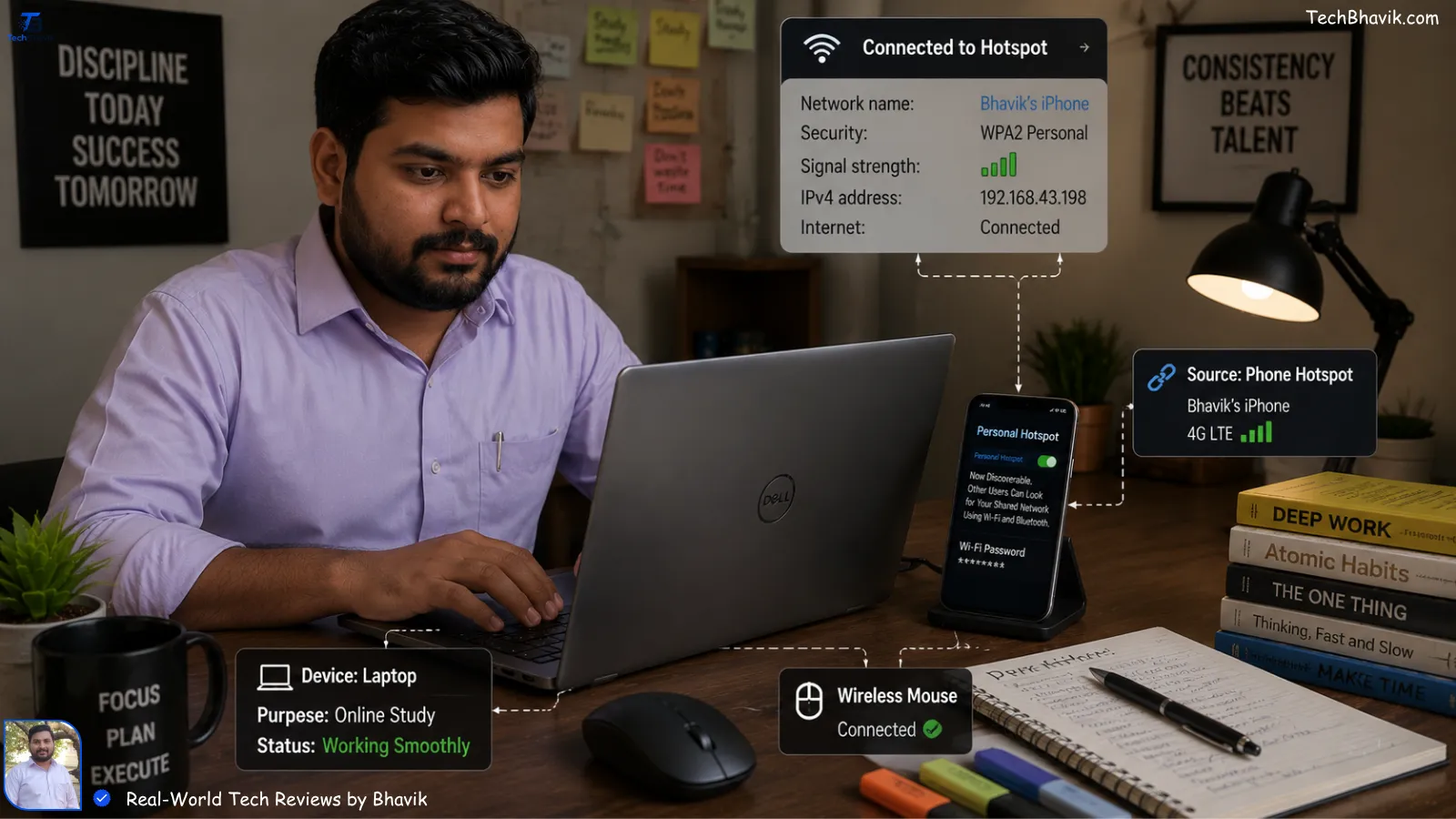 bluetooth vs 2.4ghz for Indian homes → wireless tech explained A student working on a laptop connected to a phone hotspot, showing a wireless mouse nearby