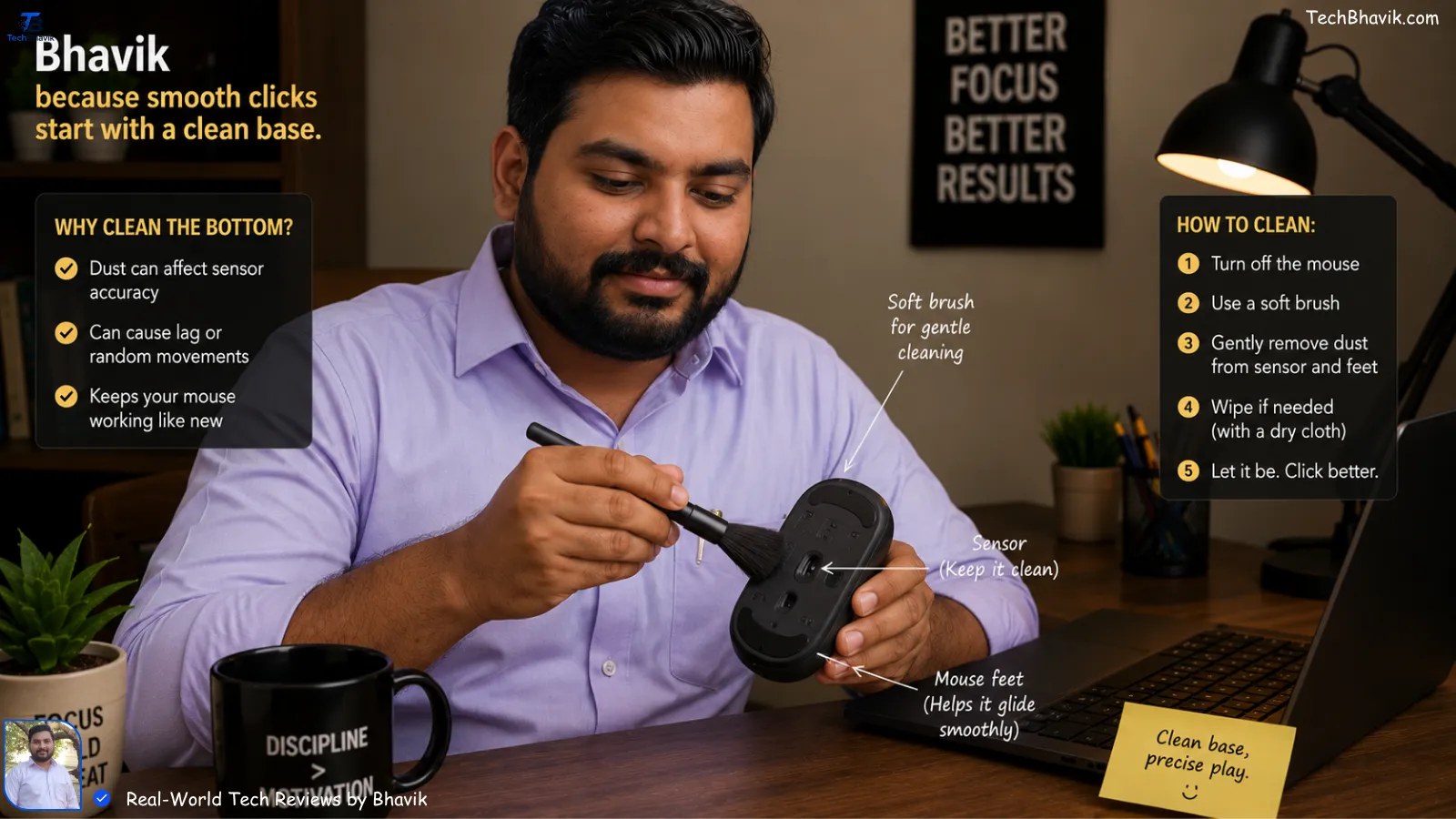 bluetooth vs 2.4ghz for Indian homes → wireless tech explained Bhavik using a soft brush to clean the dust from the bottom of a wireless mouse