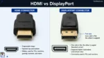 A side-by-side comparison of an HDMI connector and a DisplayPort connector highlighting the flat side of the DP cable