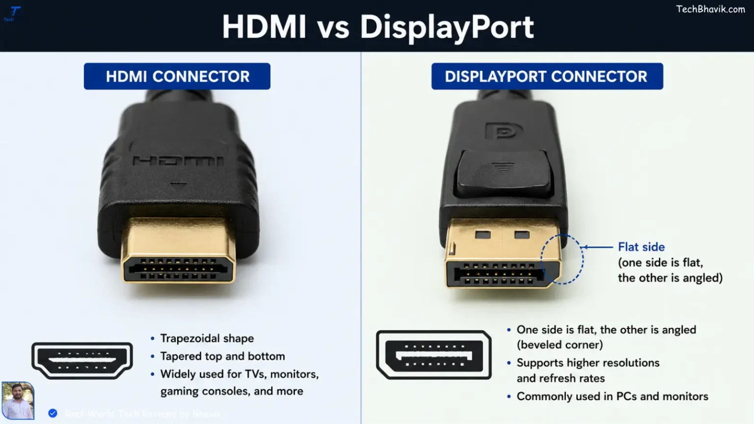 Which cable for which port ? → PC setup basics A side-by-side comparison of an HDMI connector and a DisplayPort connector highlighting the flat side of the DP cable