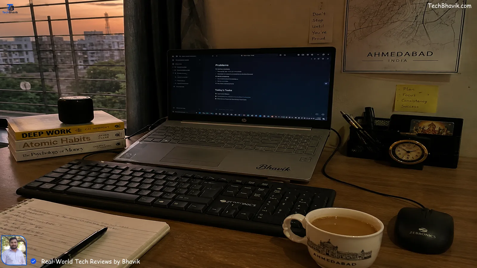 I Tested 27 Budget Keyboard Mouse Combos—Here Are the Only 5 Worth Your Money Bhavik’s work desk in Ahmedabad with budget keyboard, mouse combo, chai cup, and laptop during evening, showing real Indian home setup