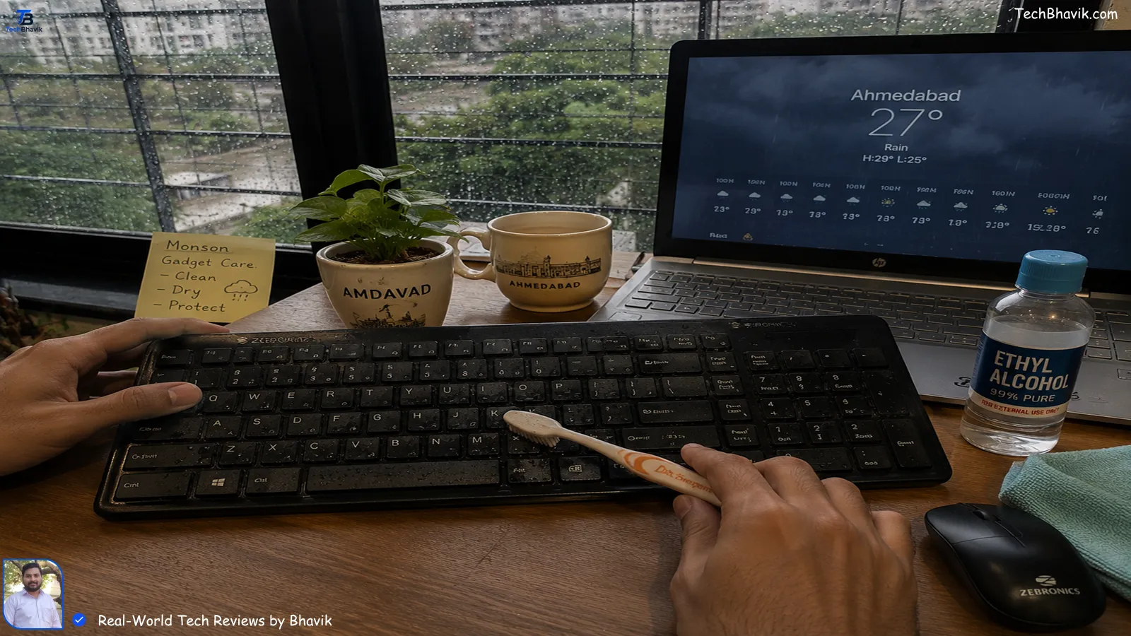 I Tested 27 Budget Keyboard Mouse Combos—Here Are the Only 5 Worth Your Money Bhavik’s hand cleaning wireless keyboard with toothbrush and alcohol bottle in Ahmedabad home, showing monsoon gadget care