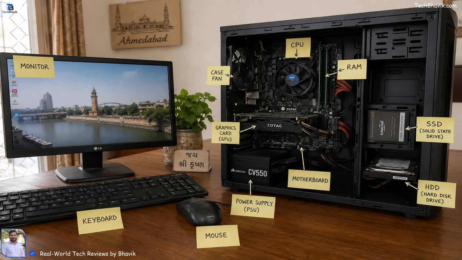 Parts of a Computer Explained: CPU, GPU, SSD 2026 parts of a computer - A desktop PC with monitor, keyboard, and CPU cabinet opened on a wooden table in an Ahmedabad home, each part like RAM and SSD labeled with handwritten sticky notes