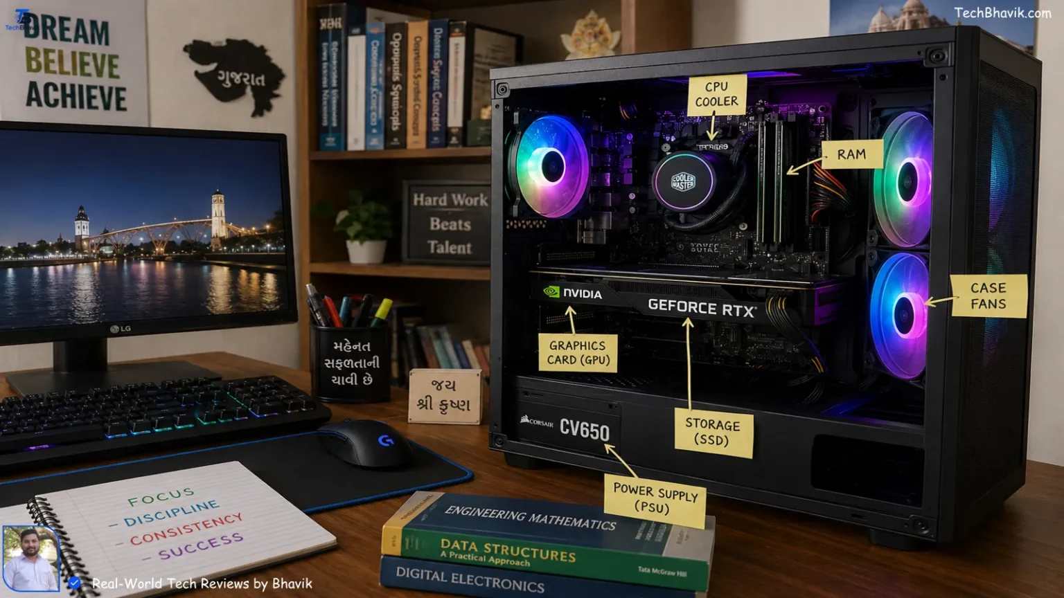 Parts of a Computer Explained: CPU, GPU, SSD 2026 NVIDIA graphics card installed in a desktop cabinet with RGB fans, on a study table with college books in background in Gujarat