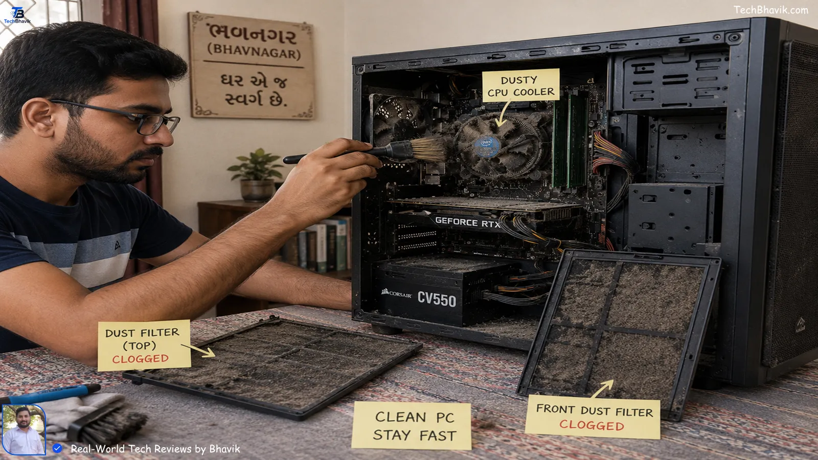 Parts of a Computer Explained: CPU, GPU, SSD 2026 Person cleaning dust from CPU cabinet with a brush in a Bhavnagar home, showing clogged CPU cooler fan and dust filters parts of a computer