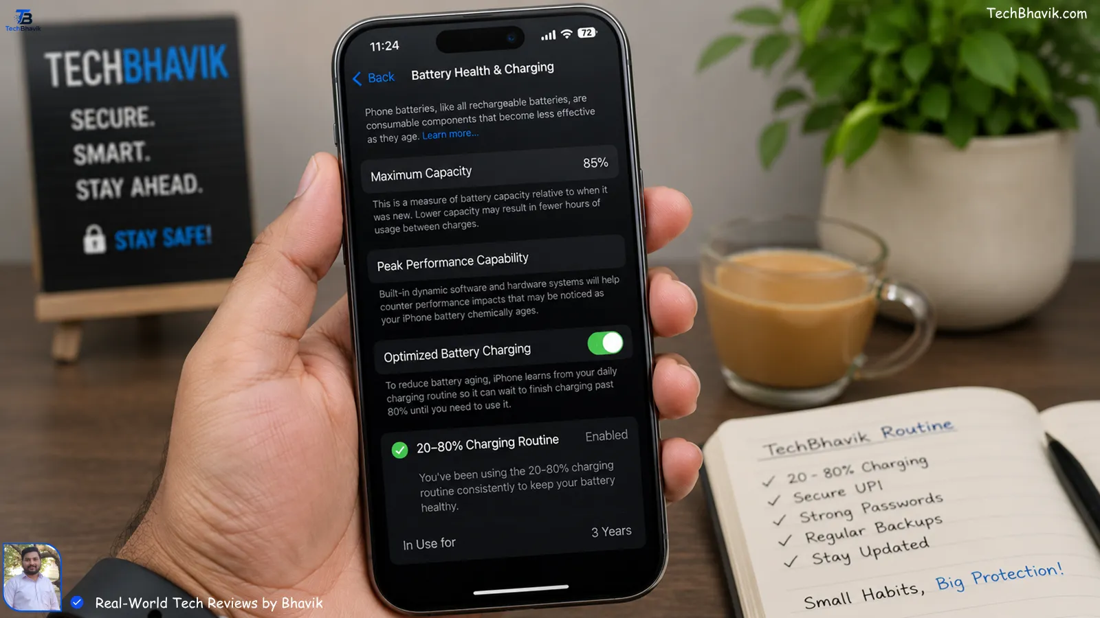 iPhone battery health settings showing 85% maximum capacity after 3 years of 20-80% charging routine used by TechBhavik