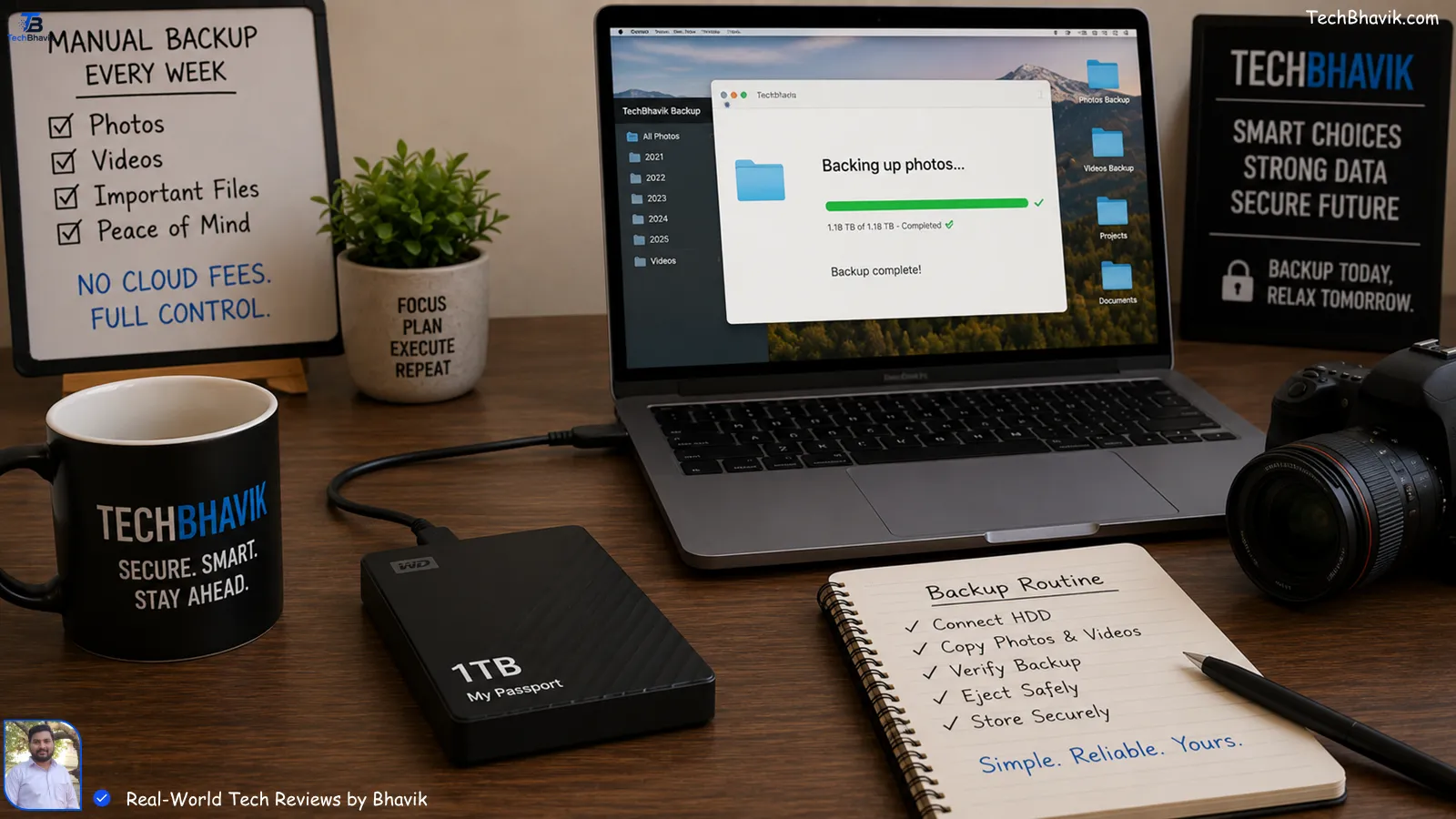 TechBhavik’s desk showing a 1TB external hard drive connected to laptop for manual photo backup instead of cloud subscription