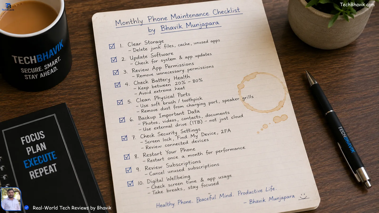 Handwritten monthly phone maintenance checklist by Bhavik Munjapara with chai stain on paper