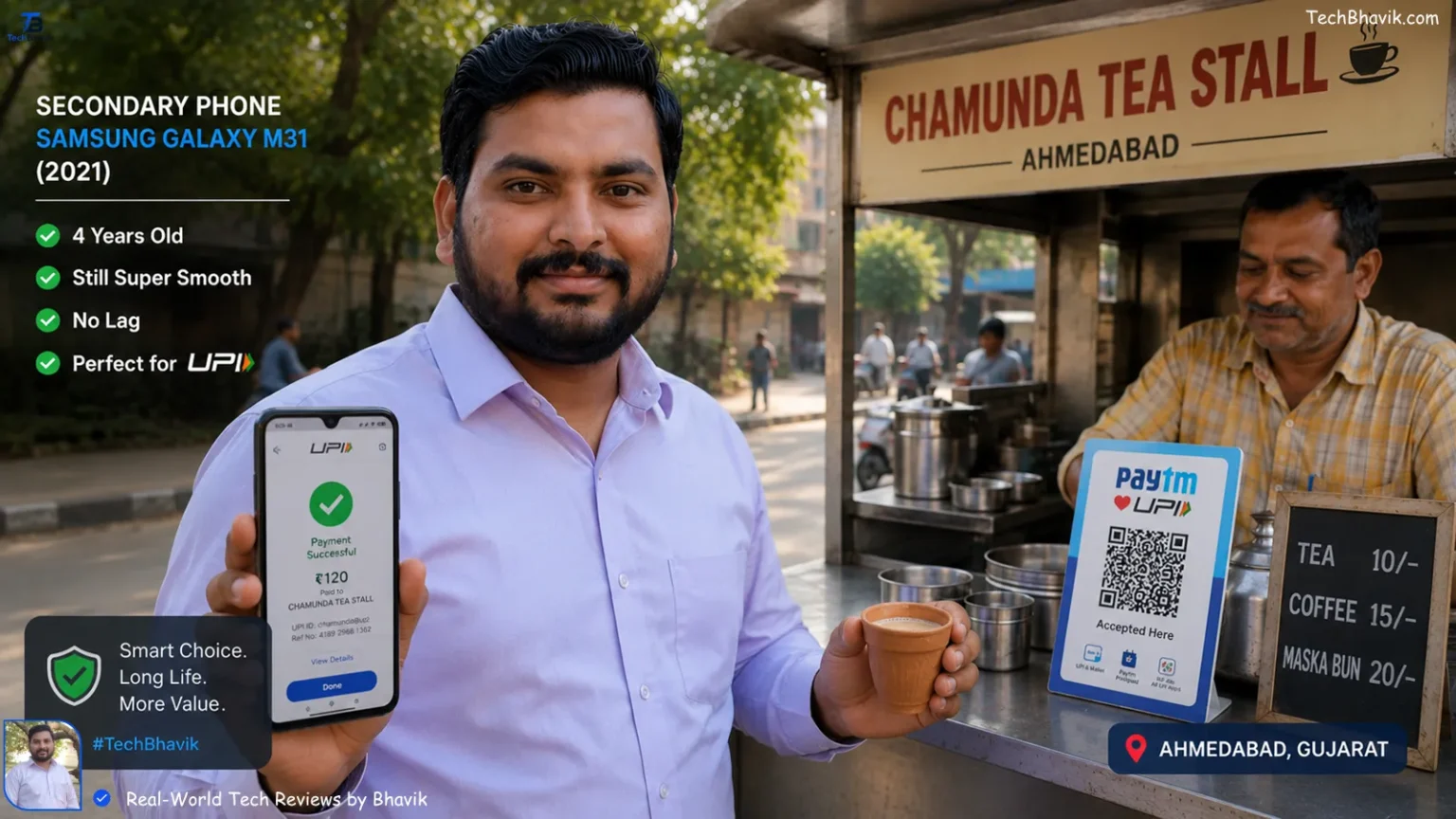 How to Make Your Smartphone Last 5 Years: The Ultimate 2026 Bhavik holding his 2021 Samsung secondary phone showing home screen with no lag while making UPI payment at Ahmedabad tea stall