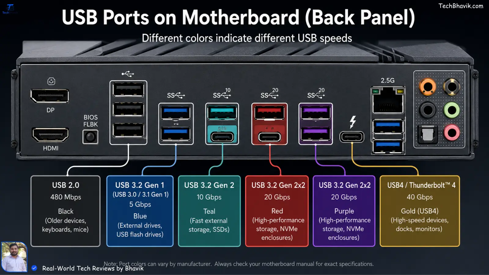 Back of a PC motherboard showing different colored USB ports with labels for their speeds