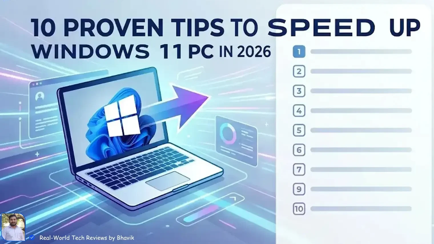A futuristic digital illustration showing a laptop with the Windows 11 logo and a speed boost arrow, titled "10 Proven Tips to Speed Up Windows 11 PC in 2026" with a checklist graphic.