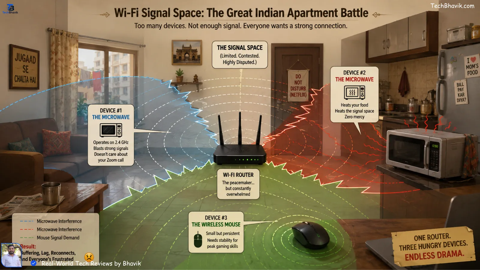 bluetooth vs 2.4ghz for Indian homes → wireless tech explained Ax diagram showing a Wi-Fi router, a microwave, and a wireless tech mouse fighting for signal space in an Indian apartment