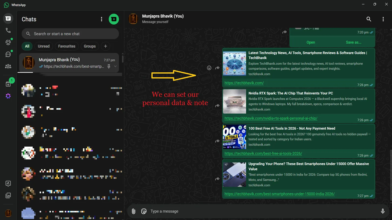 7 Hidden WhatsApp Tricks Every Indian Should Know Blog thumbnail showing a smartphone with WhatsApp logo and bold text "7 Hidden WhatsApp Tricks Every Indian Should Know" on a green gradient background with lock, HD photo, and storage icons