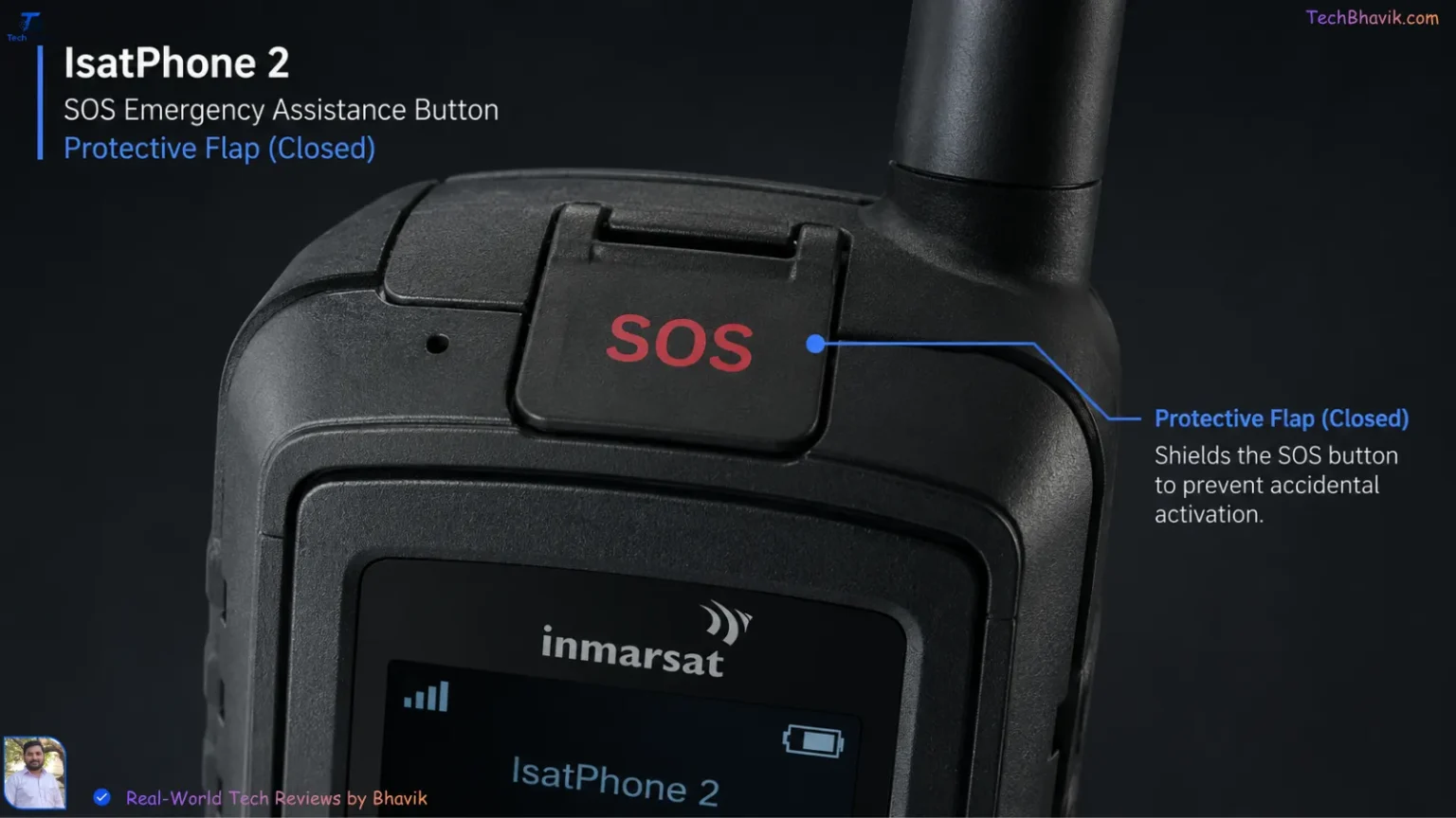 BSNL Rs 134166 satellite phone "Close-up of the orange emergency SOS button on the BSNL satellite phone."