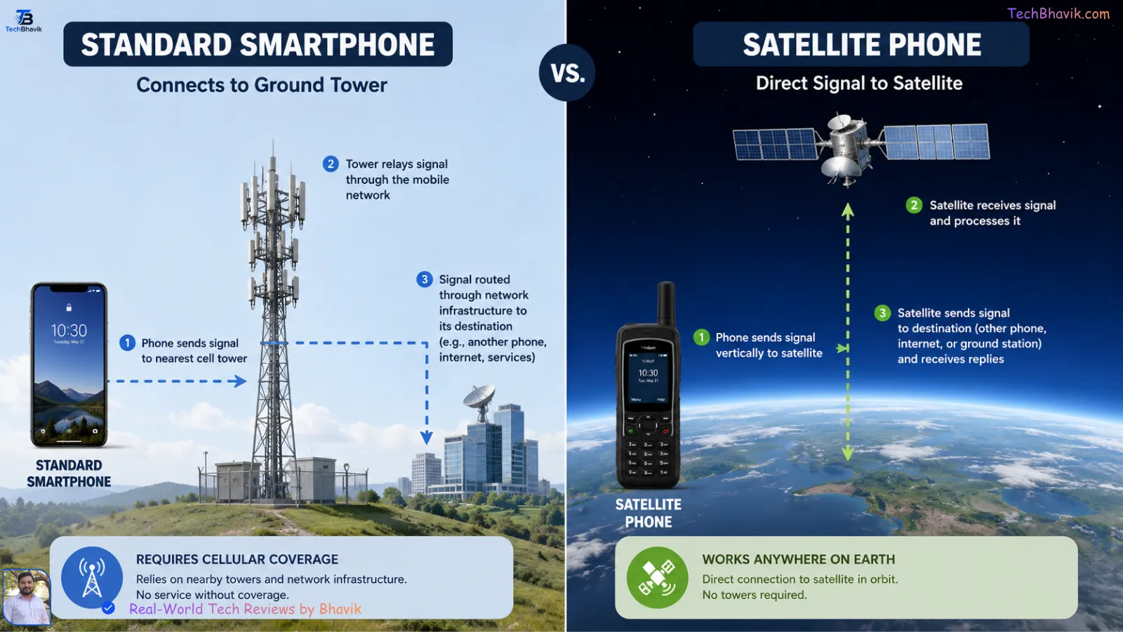 BSNL Rs 134166 satellite phone "Infographic comparing cellular network towers with satellite phone space connectivity."