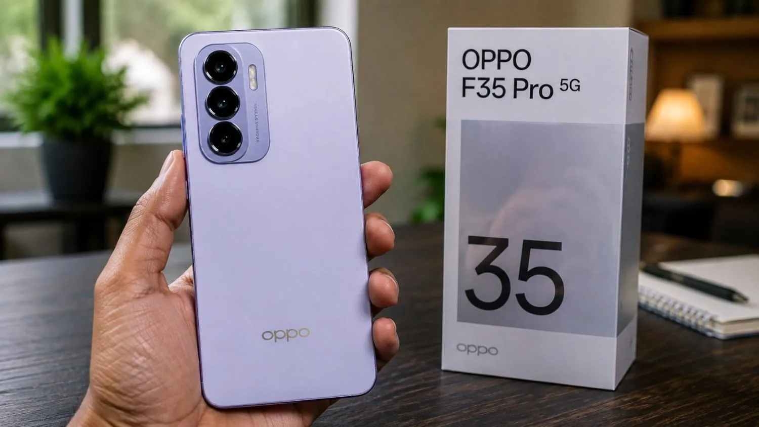 Oppo F35 Pro 5G smartphone rear panel in purple with triple camera module and retail box