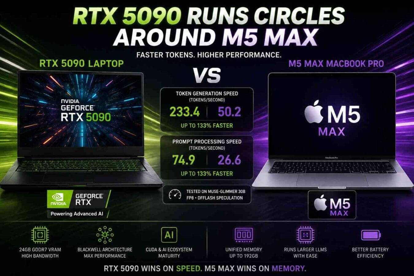 Laptop RTX 5090 Runs Circles Around M5 Max in AI Inference—Until Bigger LLMs Enter the Picture