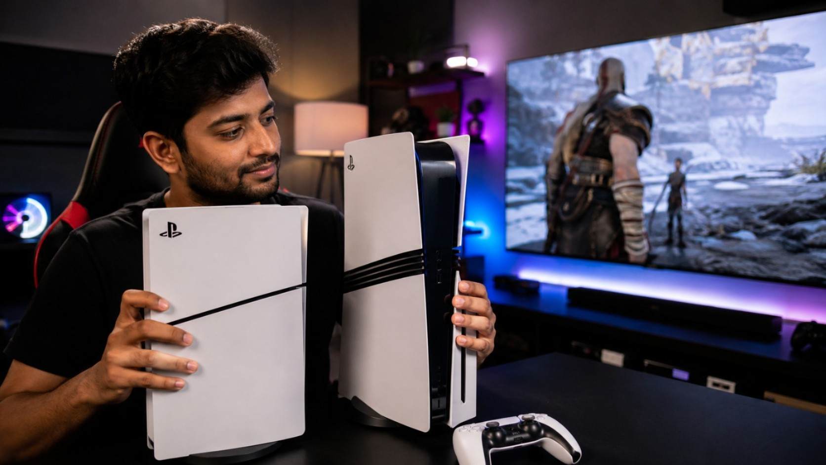 the PS5 Pro and My Base PS5 Feels Broken Now Author testing PS5 Pro console with PSSR and ray tracing in gaming setup