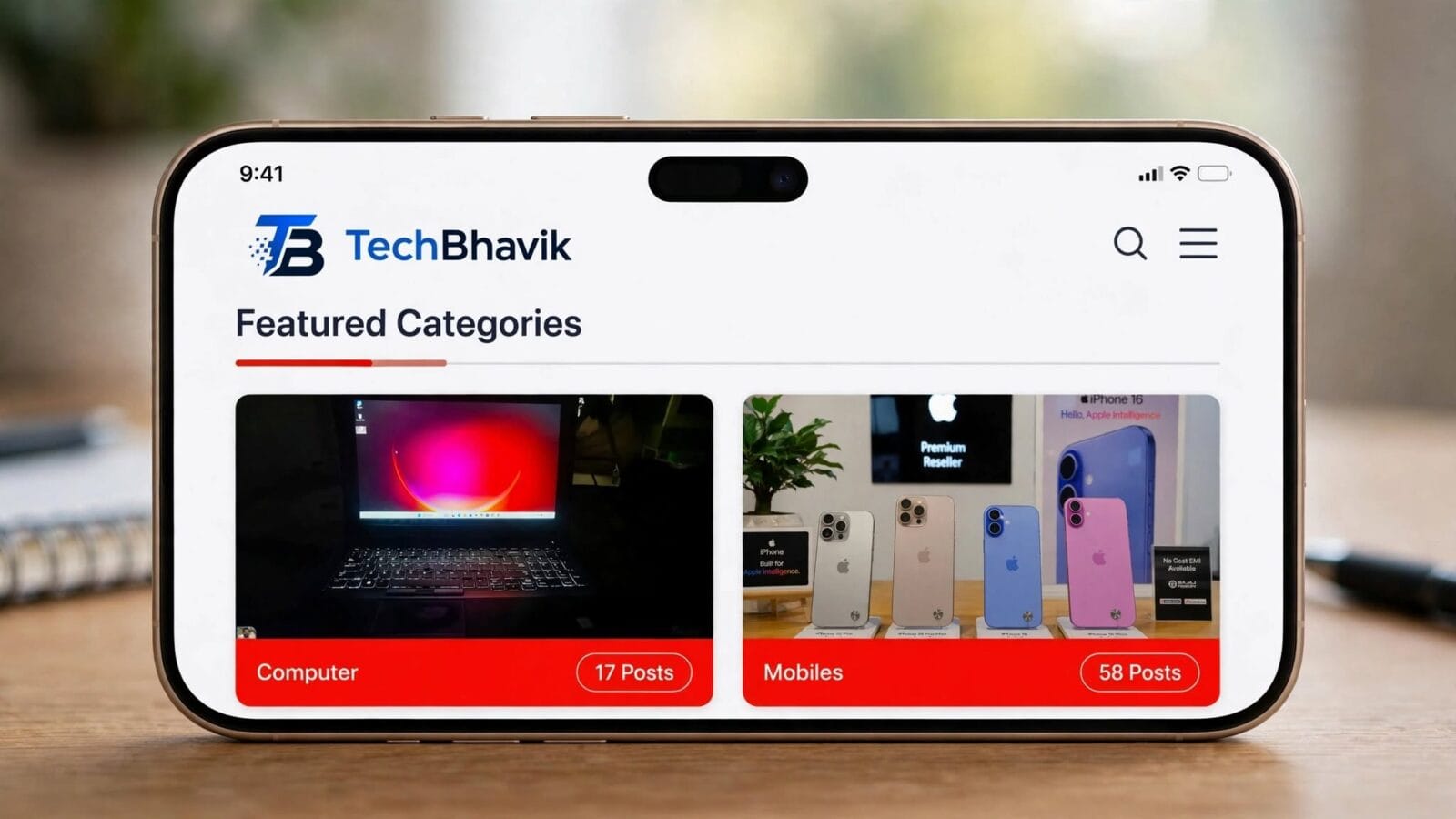 iPhone 17 pro Max playing visiting site of techbhavik home page which is landscape view of smoothly