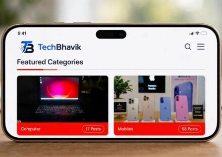 iPhone 17 pro Max playing visiting site of techbhavik home page which is landscape view of smoothly