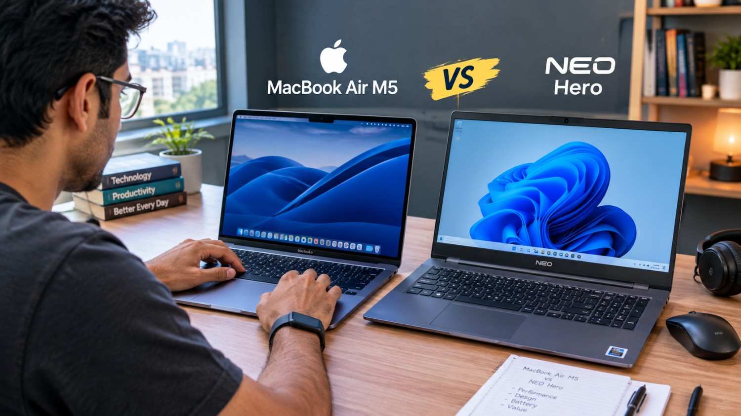 MacBook Air M5 vs MacBook Neo: Price, Specs & Best Pick MacBook Air M5 and MacBook Neo placed side by side on a wooden desk
