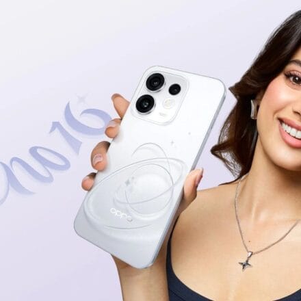 OPPO RENO 16 5G SMARTHPHONE SHOWING INDIAN ACTRESS ADVERTISING THAT PRODUCT