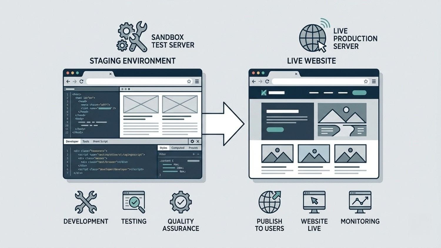 Diagram of a WordPress staging environment showing a test site copying changes to a live website