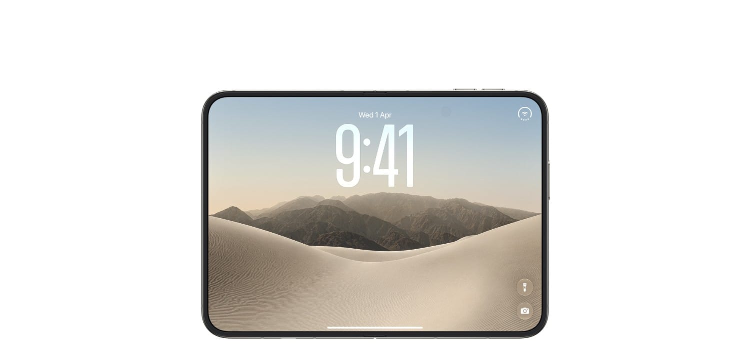 Apple iPhone Duo: Titanium frame and hinge cover Beautiful and durable. iPhone Duo foldable display opened to 7.6-inch screen