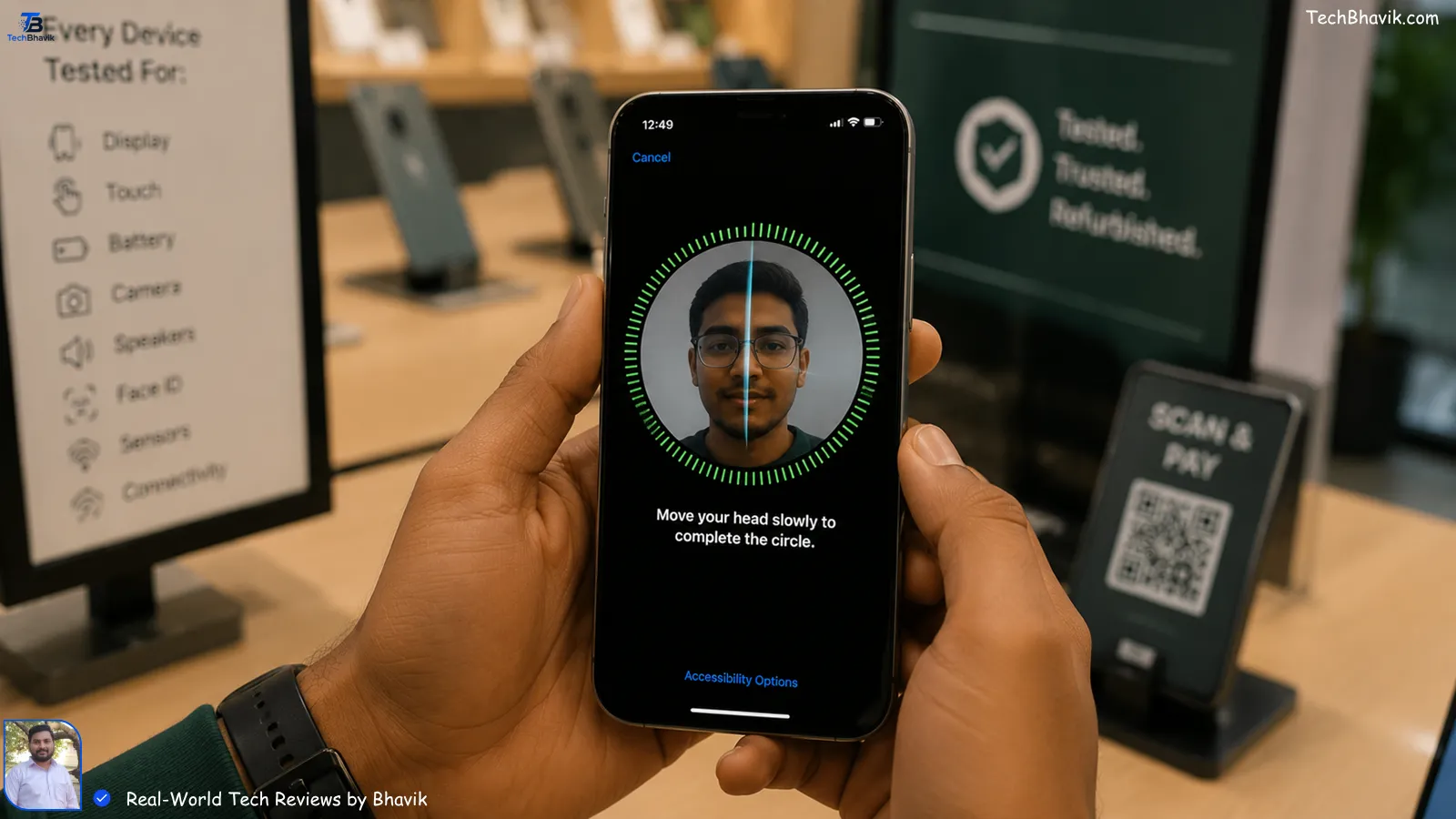 Buying a Second-Hand iPhone in India? Don't Pay Until You Check These 5 Things (2026 Guide) Close up of an iPhone screen showing the Face ID setup process during a second-hand check