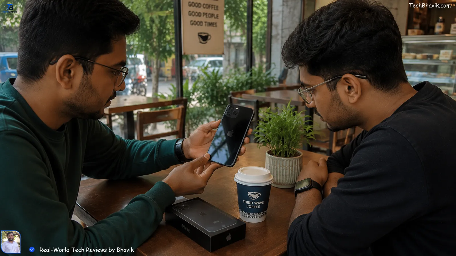 Buying a Second-Hand iPhone in India? Don't Pay Until You Check These 5 Things (2026 Guide) Bhavik showing a used iPhone 13 to a friend in a cafe, checking the screen for scratches